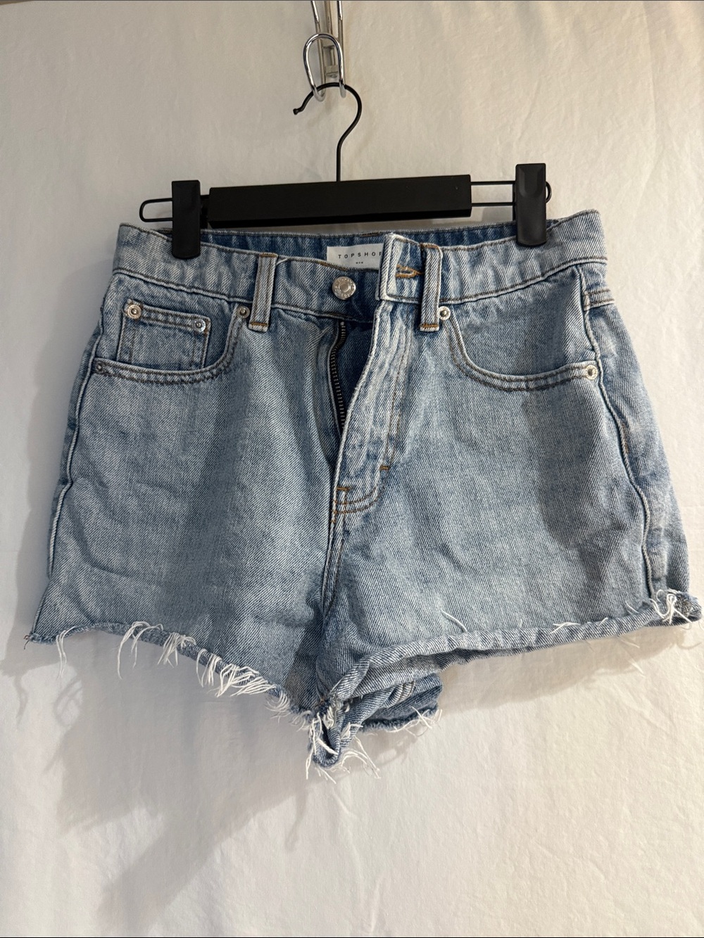 Topshop Light Wash Distressed Denim Shorts MOM petite Sz 2